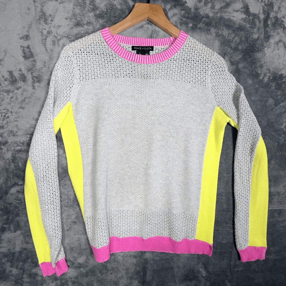 Peace of Cloth Womens‎ Colorblock Sweater XS Gray Pink Neon Long Sleeve Cotton